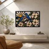 Bluebird Pair with Dogwood Flowers at Sunrise Colorful Metal Wall Art
