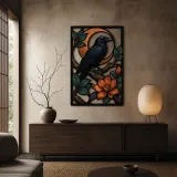 Black Raven on Branch with Crescent Moon Colorful Metal Wall Art