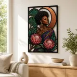 Colorful Afro Woman Metal Wall Art with Protea Flowers and Crescent Moon