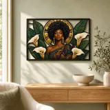 Afro Woman with Calla Lilies and Art Deco Sun Colorful Metal Wall Decor