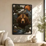 Brown Bear by Mountain Stream and Copper Moon Colorful Metal Wall Art