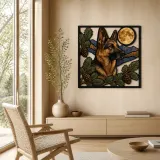 German Shepherd with Pine Cones and Full Moon Colorful Metal Wall Art