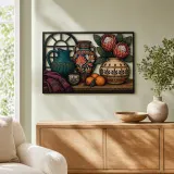 Decorative Pottery with Protea Flowers and Oranges Colorful Metal Wall Art