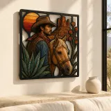 Cowboy with Palomino Horse at Desert Sunset Colorful Metal Wall Art