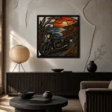 Cafe Racer Motorcycle on Coastal Road at Sunset Colorful Metal Wall Art
