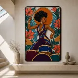 Black Woman Drummer with Tropical Flowers and Sun Colorful Metal Wall Art