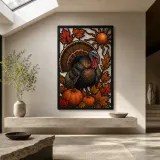 Turkey with Pumpkins and Autumn Oak Leaves Colorful Metal Wall Art