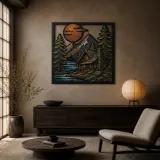 Mountain Lake Cabin beneath Full Moon Colorful Metal Wall Art