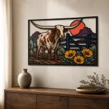 Texas Longhorn mit Wüstenmohn und roter Sonne - Bunte Metall-Wandkunst