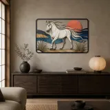 White Horse by Coastal Water at Sunset Colorful Metal Wall Art