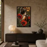Calico Cat with Red Poppies at Sunrise Colorful Metal Wall Art