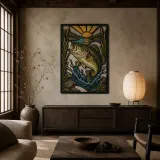 Largemouth Bass Leaping from Lake at Sunrise Colorful Metal Wall Art