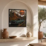 Classic Mustang Car on Desert Highway Colorful Metal Wall Art