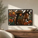 Cartel de metal colorido de vaquera con caballo pintado y amapolas del desierto