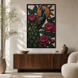 Pavone con Peonie Rosa e Sole di Rame Insegna in Metallo Colorata