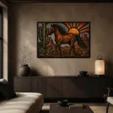 Wild Horse Running through Cactus Desert Colorful Metal Wall Art
