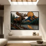 Moose beside Mountain Lake beneath Copper Moon Colorful Metal Wall Art