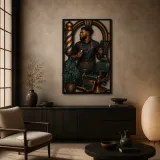Black Barber with Vintage Chair and Shop Pole Colorful Metal Wall Art