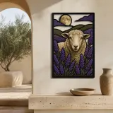 Sheep among Lavender Fields beneath Full Moon Colorful Metal Wall Art