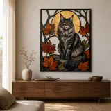 Gatto Maine Coon con Foglie d'Autunno e Luna Insegna in Metallo Colorata