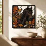Art mural en métal coloré représentant un cheval noir avec des feuilles de chêne d'automne