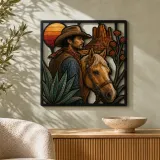 Cowboy with Palomino Horse at Desert Sunset Colorful Metal Wall Art