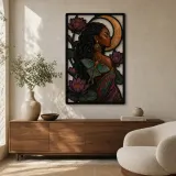 Donna Afro con Loto Luna Moth e Luna Crescente Arte Murale in Metallo Colorato