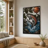 Salmon Leaping through Mountain River Rapids Colorful Metal Wall Art
