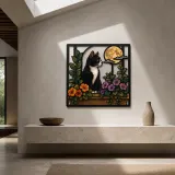 Tuxedo Cat in Flower Window beneath Full Moon Colorful Metal Wall Art