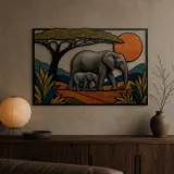 Elephant Mother and Calf on Savanna Colorful Metal Wall Art