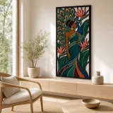 Afro Woman with Peacock Feathers and Tropical Flowers Colorful Metal Wall Art