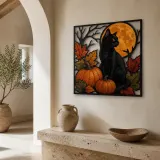 Black Cat with Pumpkins and Autumn Leaves Colorful Metal Wall Art