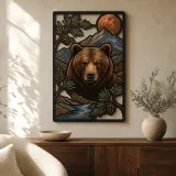 Brauner Bär am Gebirgsbach und Kupfermond - Bunte Metall-Wandkunst