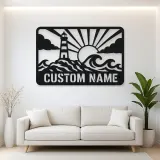 Personalized Lighthouse Metal Wall Art with Ocean Waves