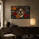 English Bulldog with Red and Golden Roses Colorful Metal Wall Art