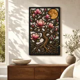 Albero della Vita di Magnolia con Fiori e Luna Insegna in Metallo Colorata