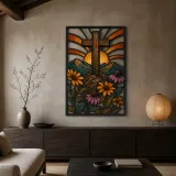 Wooden Cross over Mountains and Wildflowers Colorful Metal Wall Art