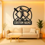 Personalized Baseball Batter Metal Wall Art with Crossed Bats