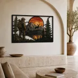 Hunter Watching Elk in Mountain Sunset Colorful Metal Wall Art