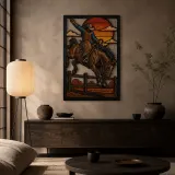 Rodeo Cowboy Riding Bucking Horse at Sunset Colorful Metal Wall Art