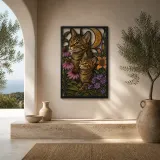 Tabby Mother Cat and Kitten in Flower Garden Colorful Metal Wall Art
