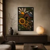 Red Barn with Sunflowers at Sunrise Colorful Metal Wall Art