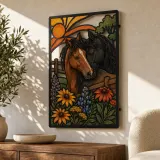 Zwei Pferde mit Wildblumen und Sonnenaufgang - Buntes Metallschild
