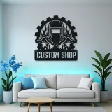 Personalized Welder Helmet Metal Wall Art with Crossed Torches
