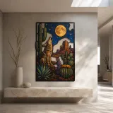 Coyote Howling beneath Full Moon in Desert Colorful Metal Wall Art