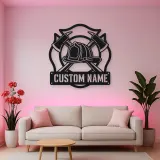 Personalized Firefighter Helmet Metal Wall Art with Crossed Axes