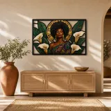 Afro Woman with Calla Lilies and Art Deco Sun Colorful Metal Wall Decor
