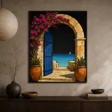 Blue Mediterranean Door with Bougainvillea and Sea Colorful Metal Wall Art