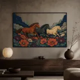 Three Wild Horses Running through Desert Flowers Colorful Metal Wall Art