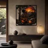 Acoustic Guitarist by Mountain Lake at Sunset Colorful Metal Wall Art